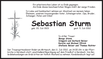 Traueranzeige von Sebastian Sturm von Pegnitz-Zeitung